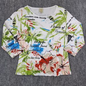 Jess Jane Top Womens Small White Tropical Pacific 3/4 Sleeve Floral Pullover USA